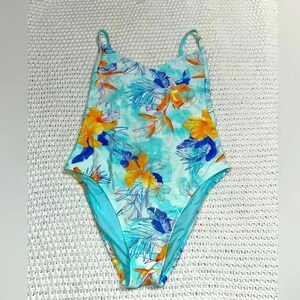 XHILARATION TROPICAL SCOOP BACK HIGH HIP ONE PIECE FLORAL SWIMSUIT, BLUE…